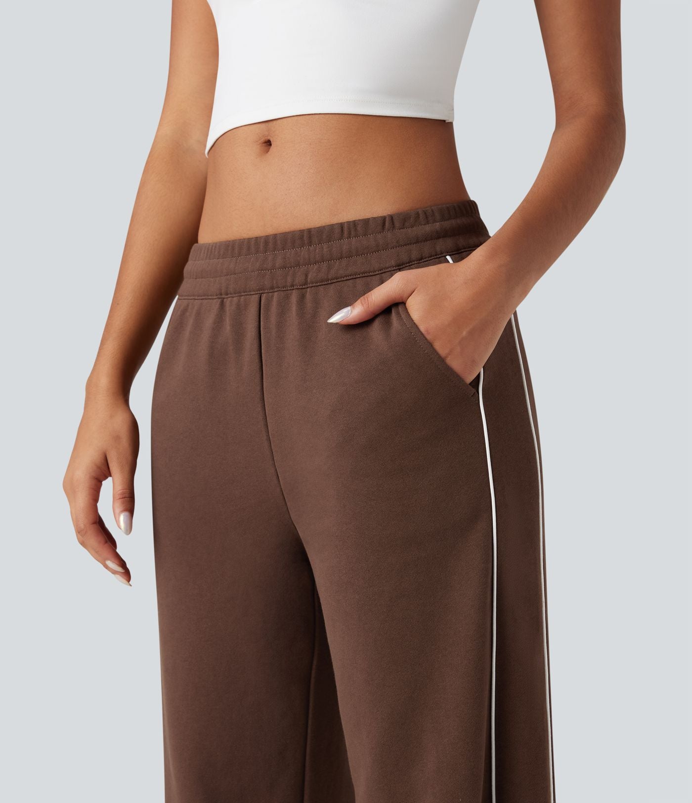 Pantalon jogging coton coupe droite taille mi-haute color block avec cordon de serrage et poches