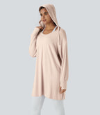 Sweatshirt Casual à Capuche Encolure en V Cordon de Serrage Trou pour le Pouce Fente et Coupe Longue