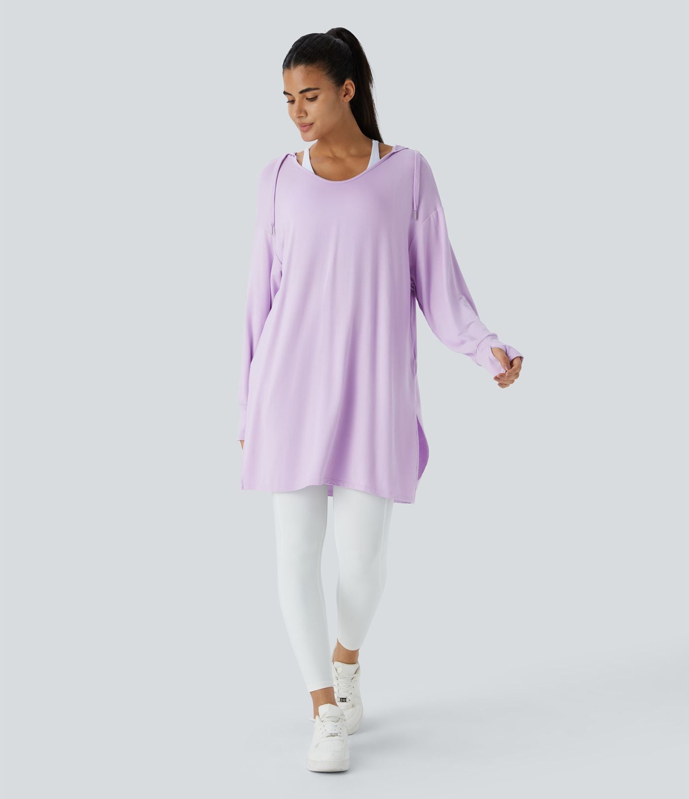 Sweatshirt Casual à Capuche Encolure en V Cordon de Serrage Trou pour le Pouce Fente et Coupe Longue