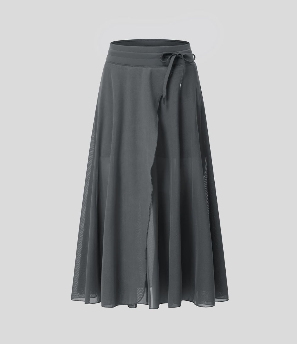 Jupe Casual Évasée Mesh Mi-Longue Fuide 2 en 1 Contrastée Taille Haute Cordon Poche Latérale