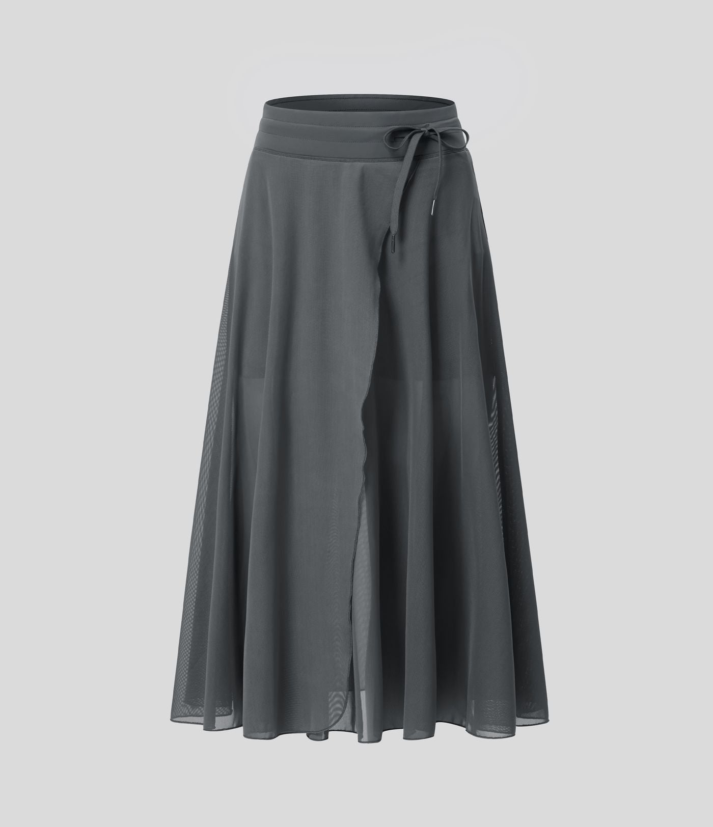 Jupe Casual Évasée Mesh Mi-Longue Fuide 2 en 1 Contrastée Taille Haute Cordon Poche Latérale