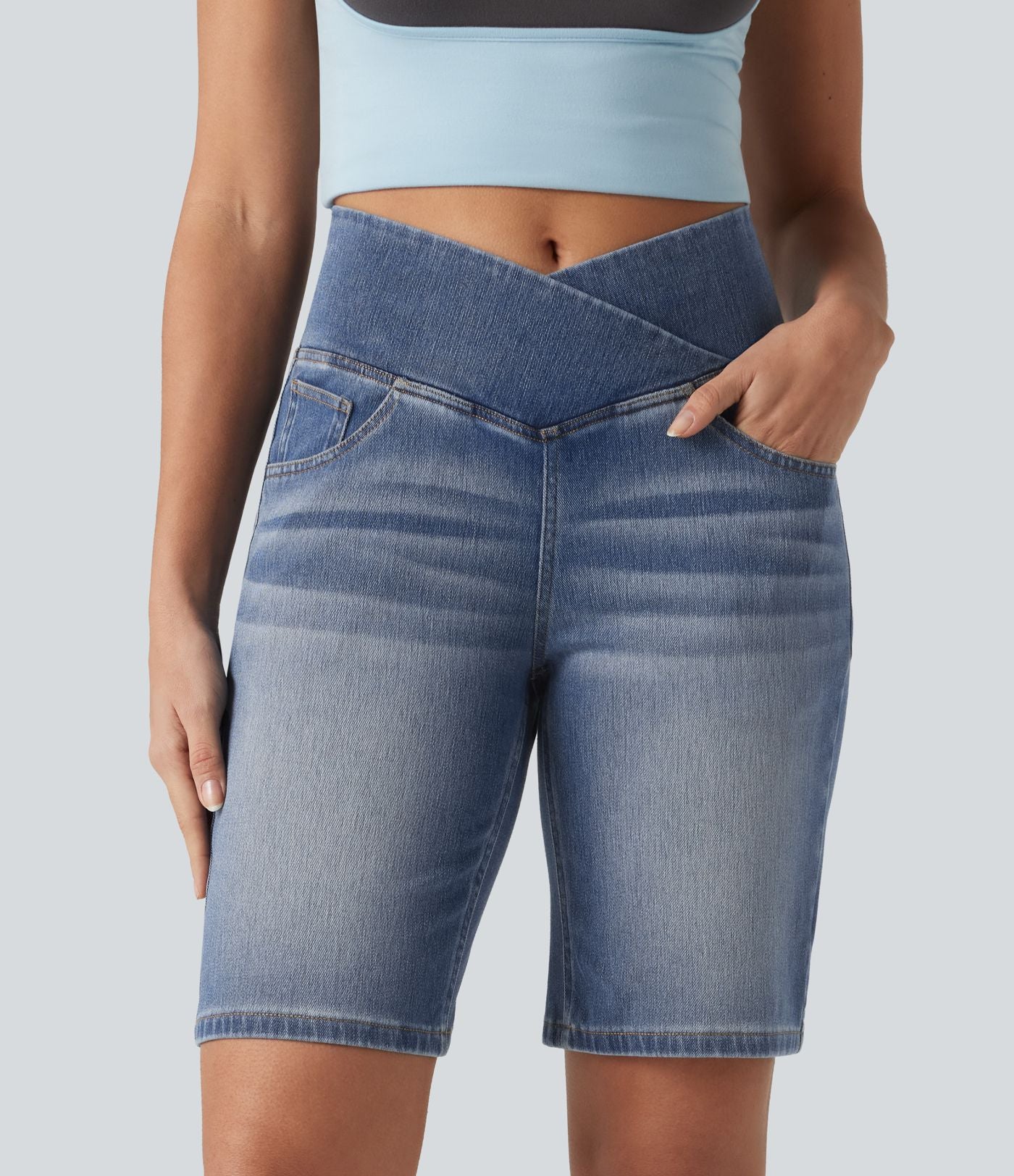 Short en jean Halara Flex™ casual gainant taille haute croisée avec poches