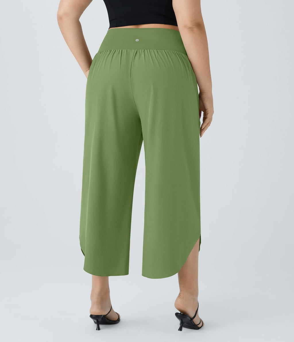 Breezeful™ Pantalon de Vacances Grande Taille Taille Haute avec Découpe Croisée Plissé Poche Latérale Fente et Séchage Rapide