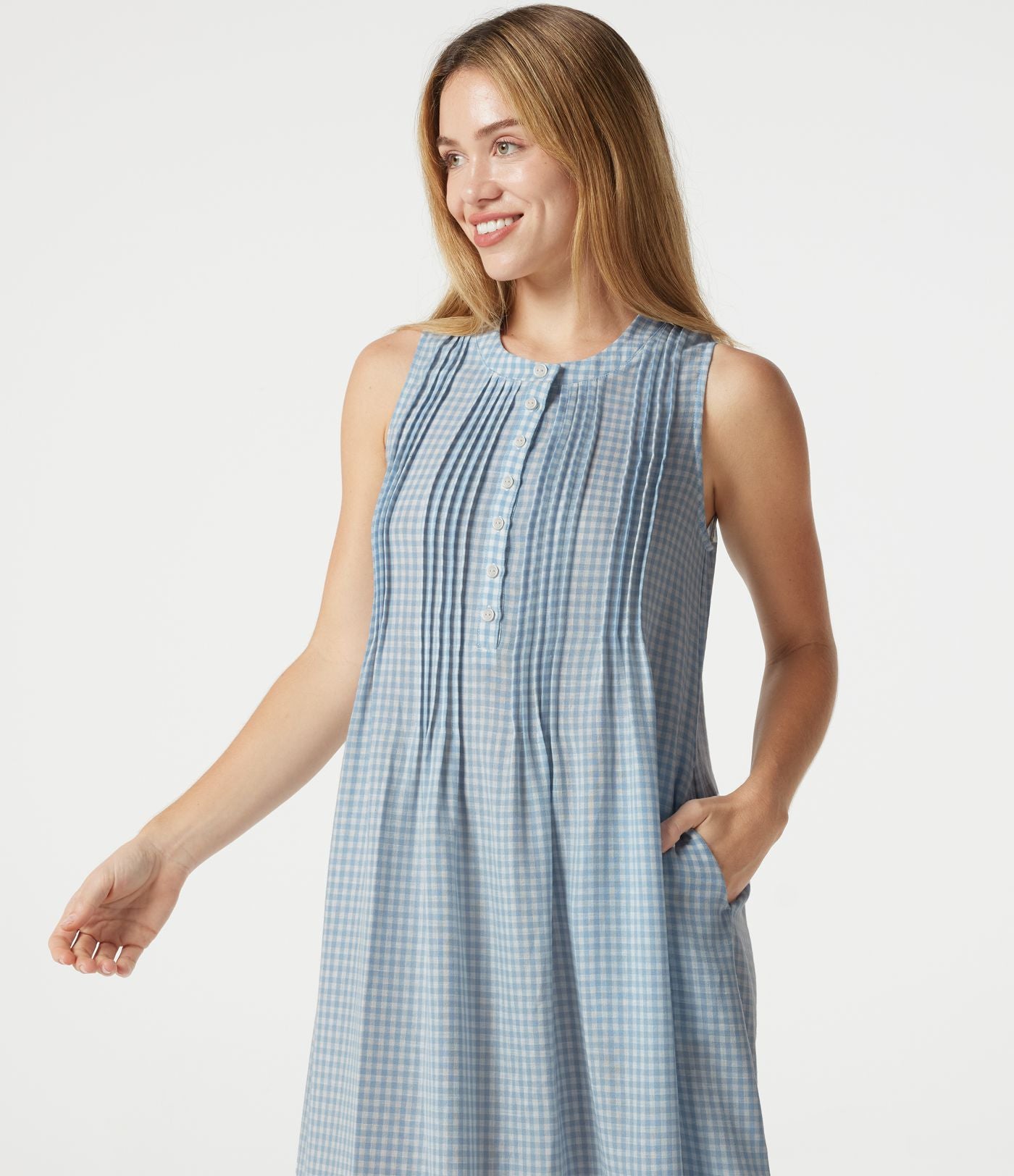Robe casual midi à carreaux toucher lin col rond sans manches à poches