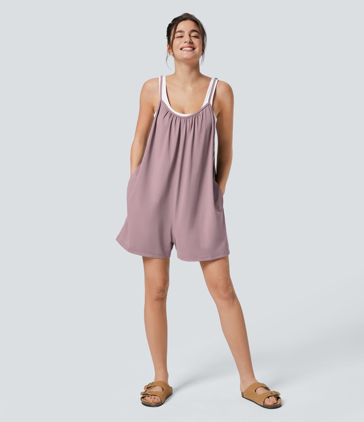Combinaison Large Casual à Jambes Larges Solide avec Fines Bretelles Réglables Poches Latérales Plissées
