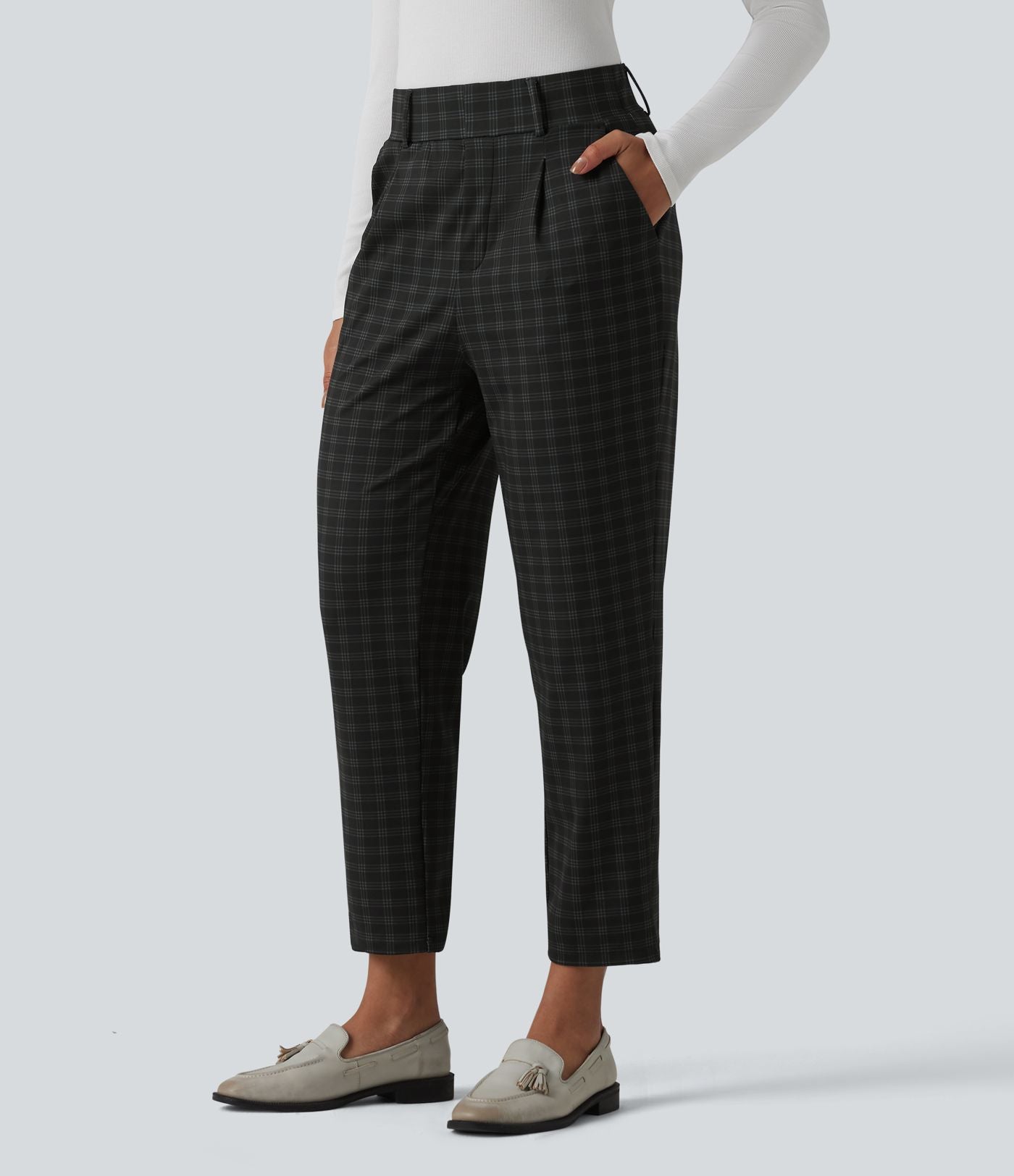 Halara Flex™ Pantalon tailleur fuselé taille haute à carreaux tartan, avec poches