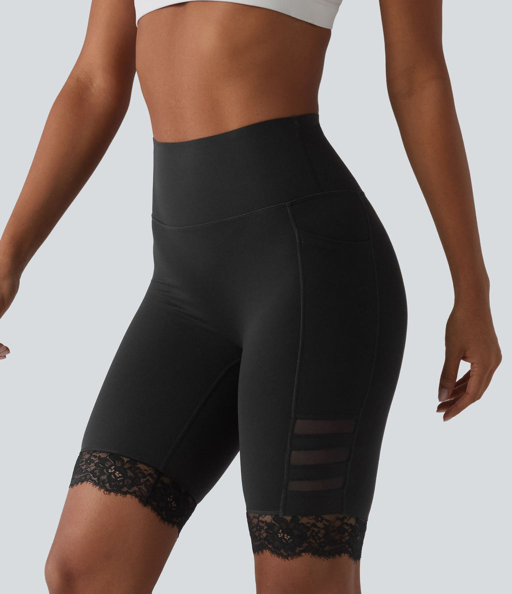 Halara UltraSculpt™ Short de cycliste gainant taille haute en mesh respirant avec dentelle contrastée et poches — 23 cm