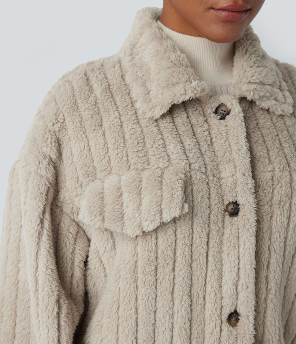 Veste décontractée en sherpa à col, boutons et manches longues
