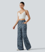 Pantalon large décontracté taille haute gaufré imprimé léopard avec poches