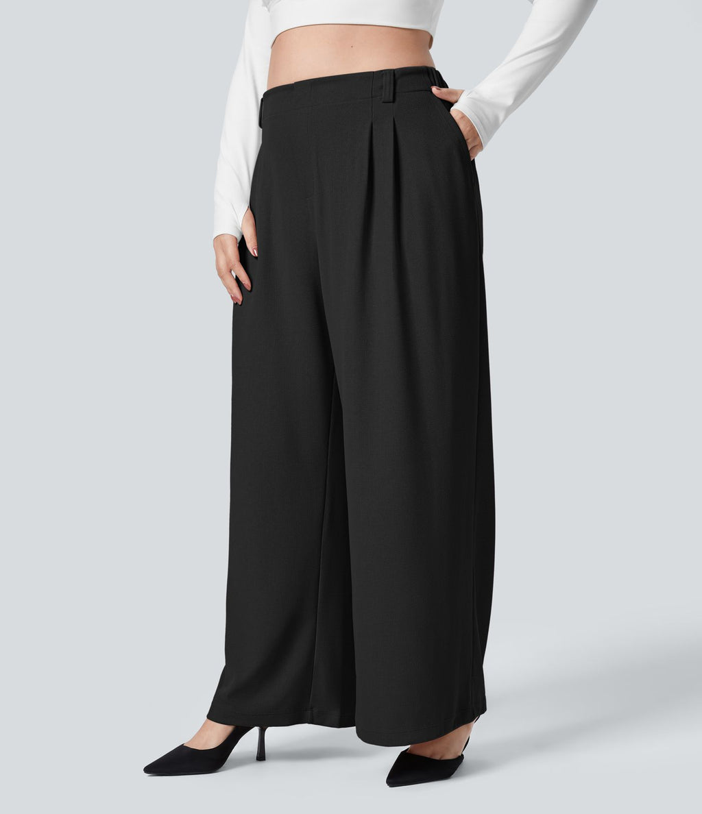 Halara Flex™ Pantalon tailleur Grande taille à Taille Haute, Poches Latérales Plissées, Jambes Larges, en Tissu Gaufré