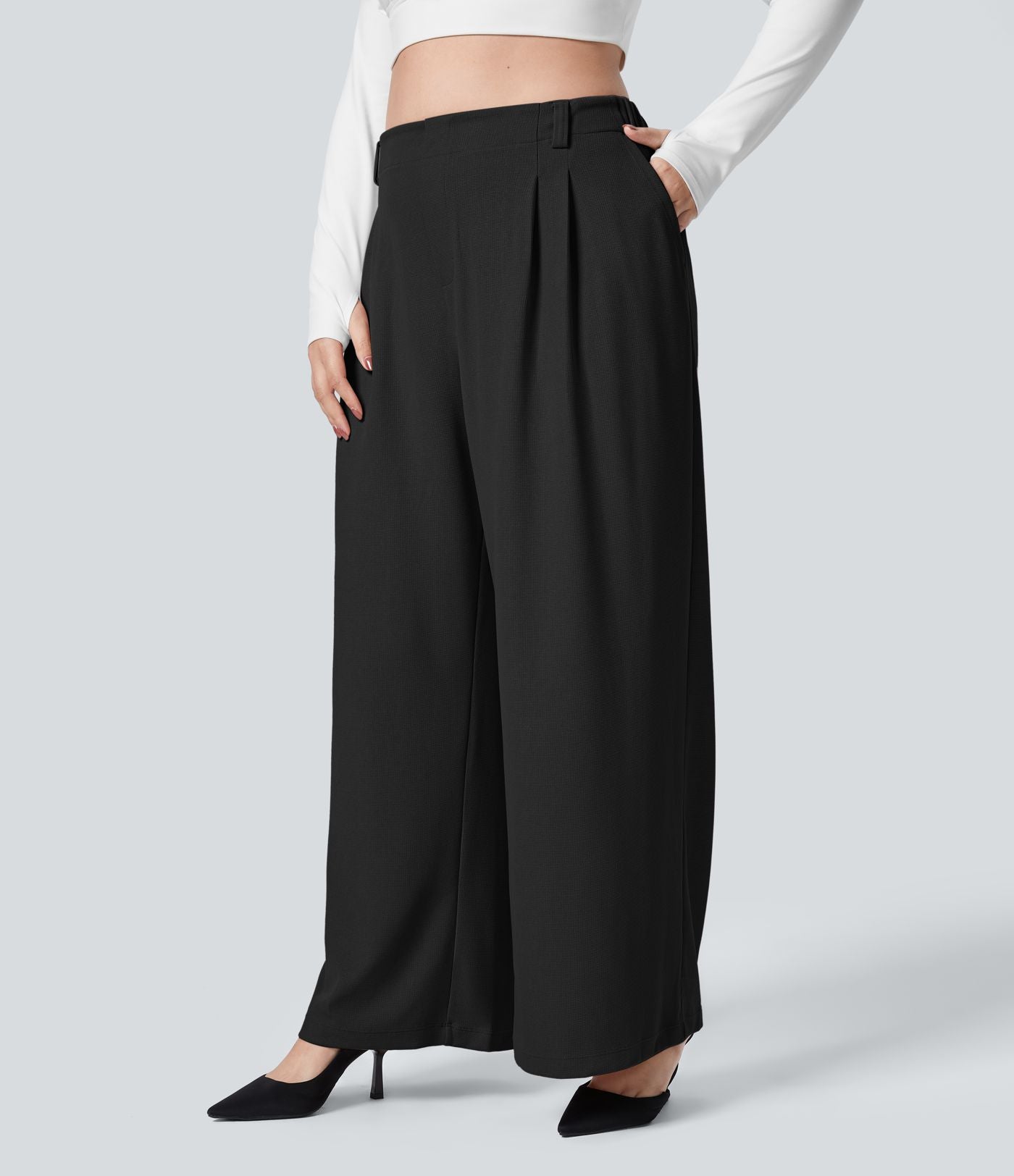 Halara Flex™ Pantalon tailleur Grande taille à Taille Haute, Poches Latérales Plissées, Jambes Larges, en Tissu Gaufré