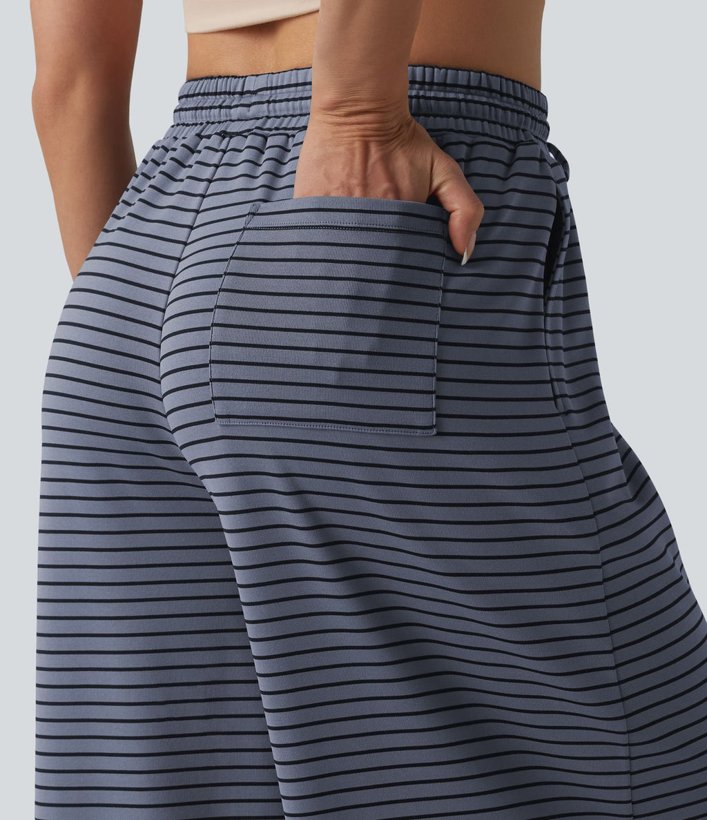 Pantalon large fluide décontracté taille haute rayé en maille côtelée avec cordon de serrage et poches
