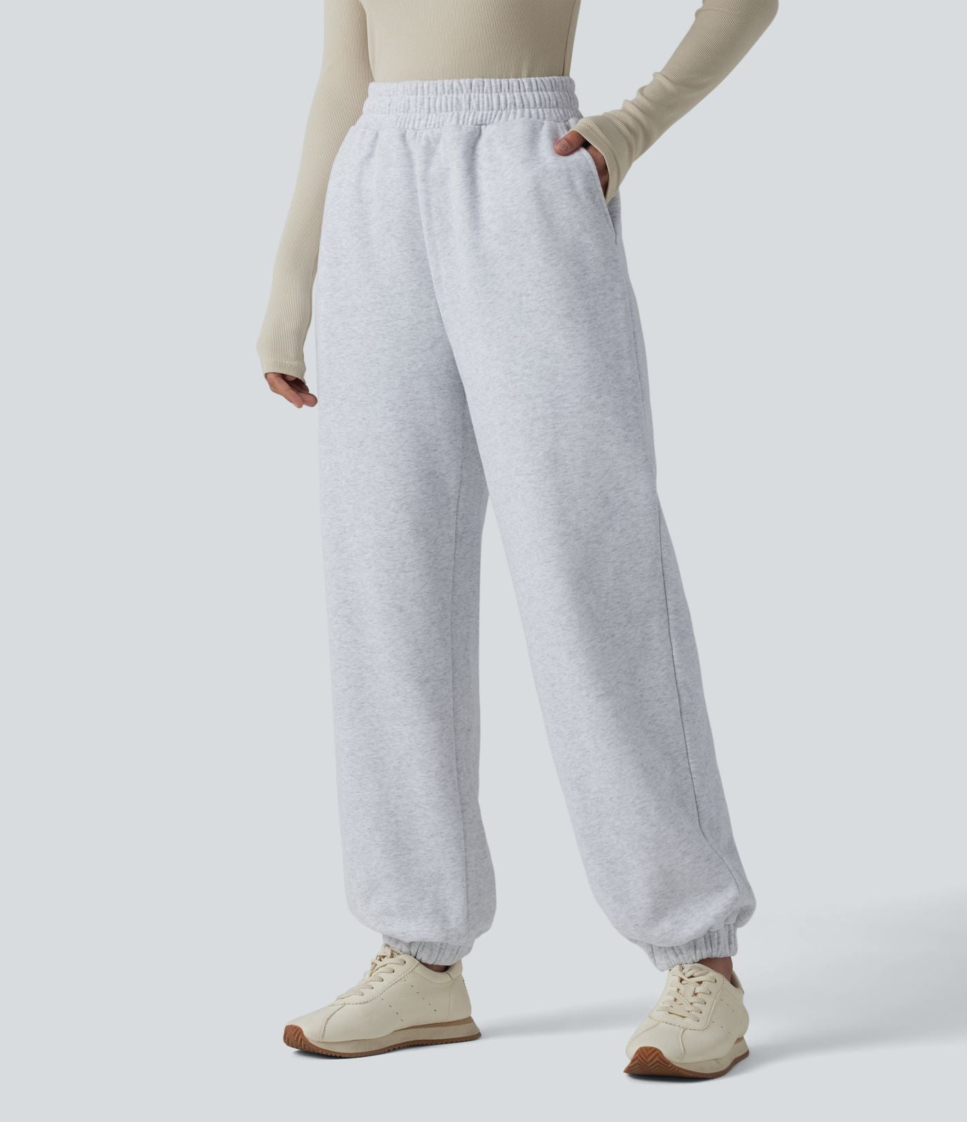 Jogging molleton taille haute repliable avec cordon de serrage et poches