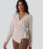 Chemise tailleur portefeuille manches longues à rayures et nœuds latéraux