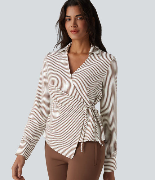 Chemise tailleur portefeuille manches longues à rayures et nœuds latéraux