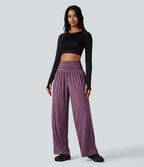 Pantalon de yoga large froncé chiné taille haute avec poches