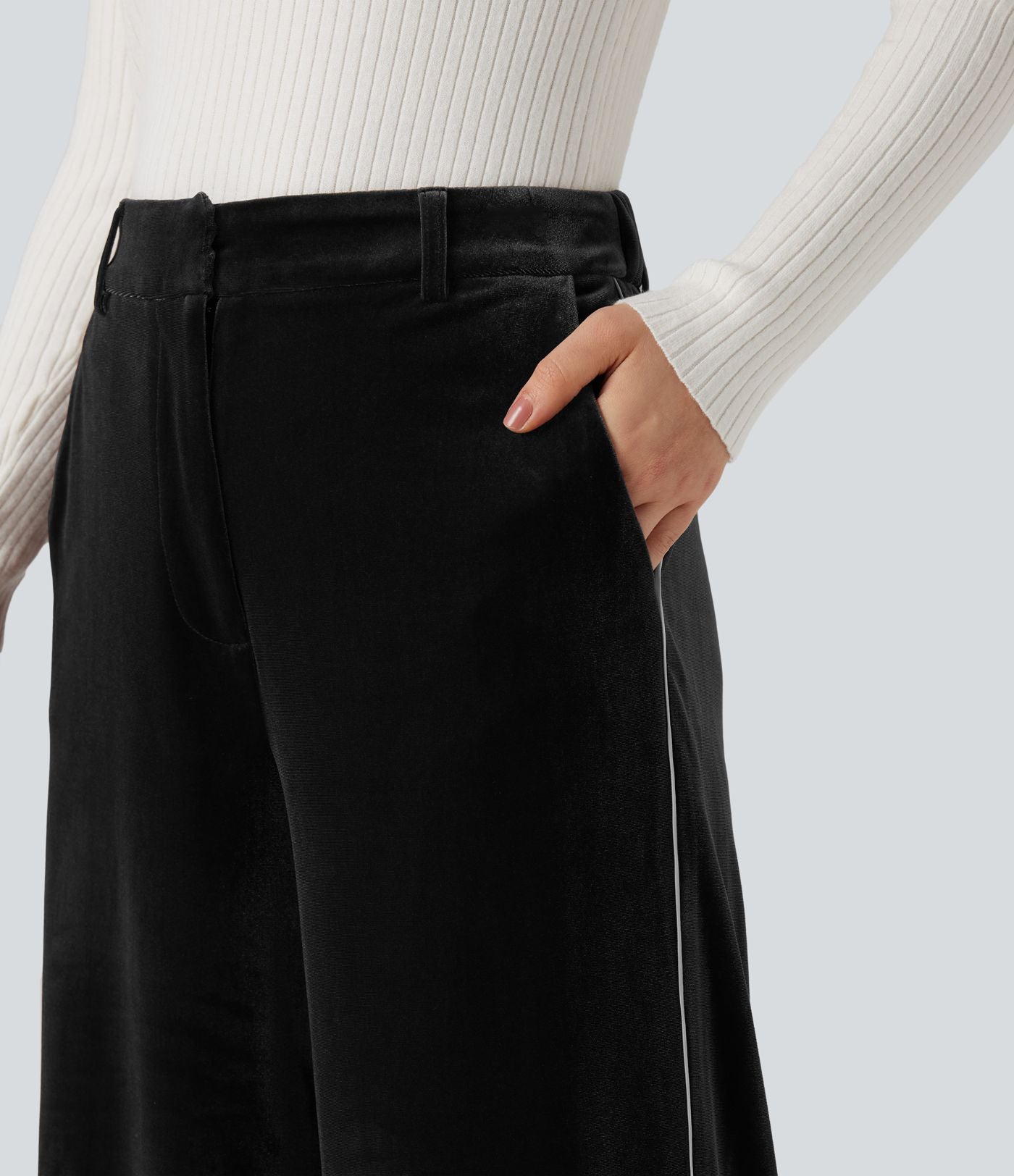 Pantalon velours color block coupe droite taille haute avec poches