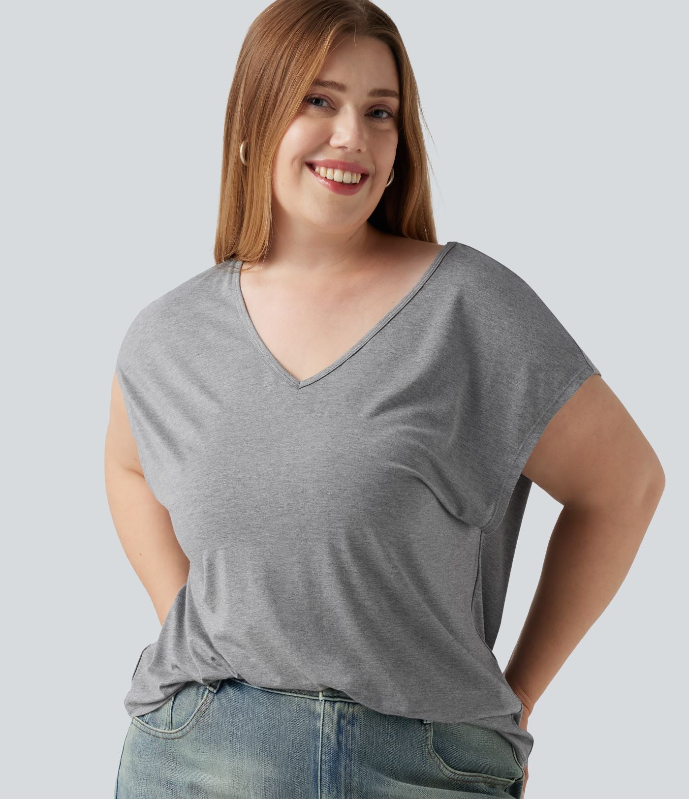 T-shirt décontracté grande taille col V manches courtes