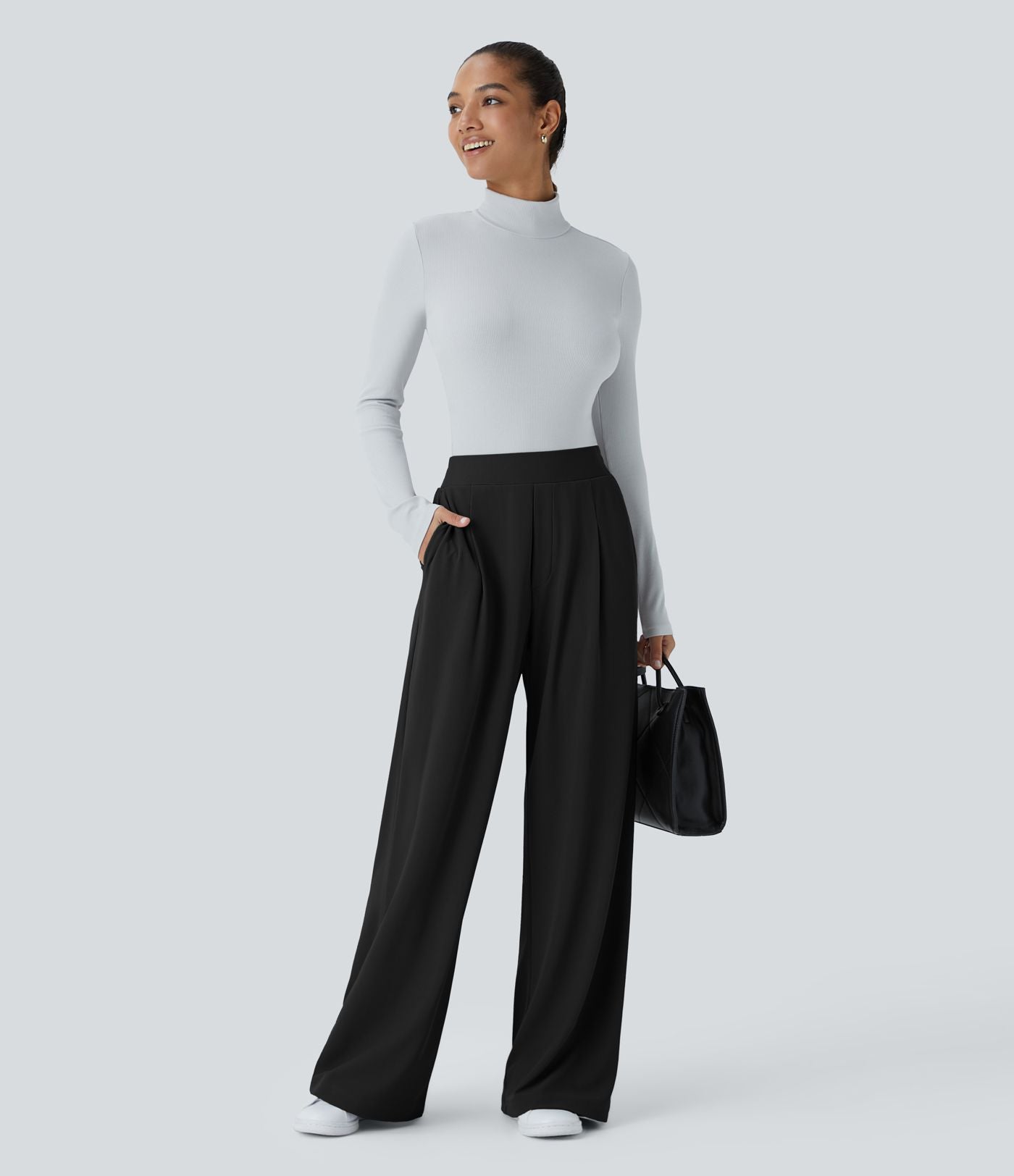 Halara Flex™ Pantalon Tailleur en tissu gaufré à taille haute, jambes larges, poches latérales et plis décoratifs
