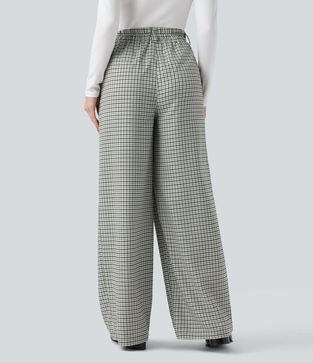 Pantalon tailleur ample taille haute à carreaux avec poches