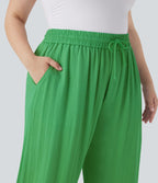 Pantalon décontracté grande taille large fluide taille haute effet lin avec cordon de serrage et poches