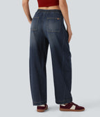 Jean jogging barrel Halara Flex™ molleton français délavé jambe ballon taille mi-haute avec cordon de serrage et poches