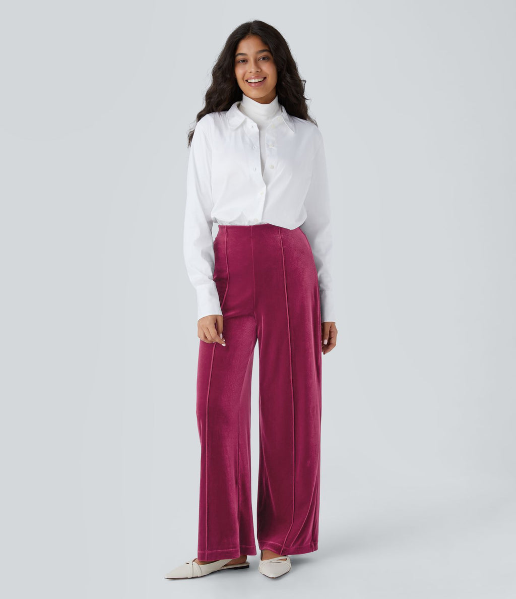 Pantalon décontracté large en velours, taille haute, avec poches