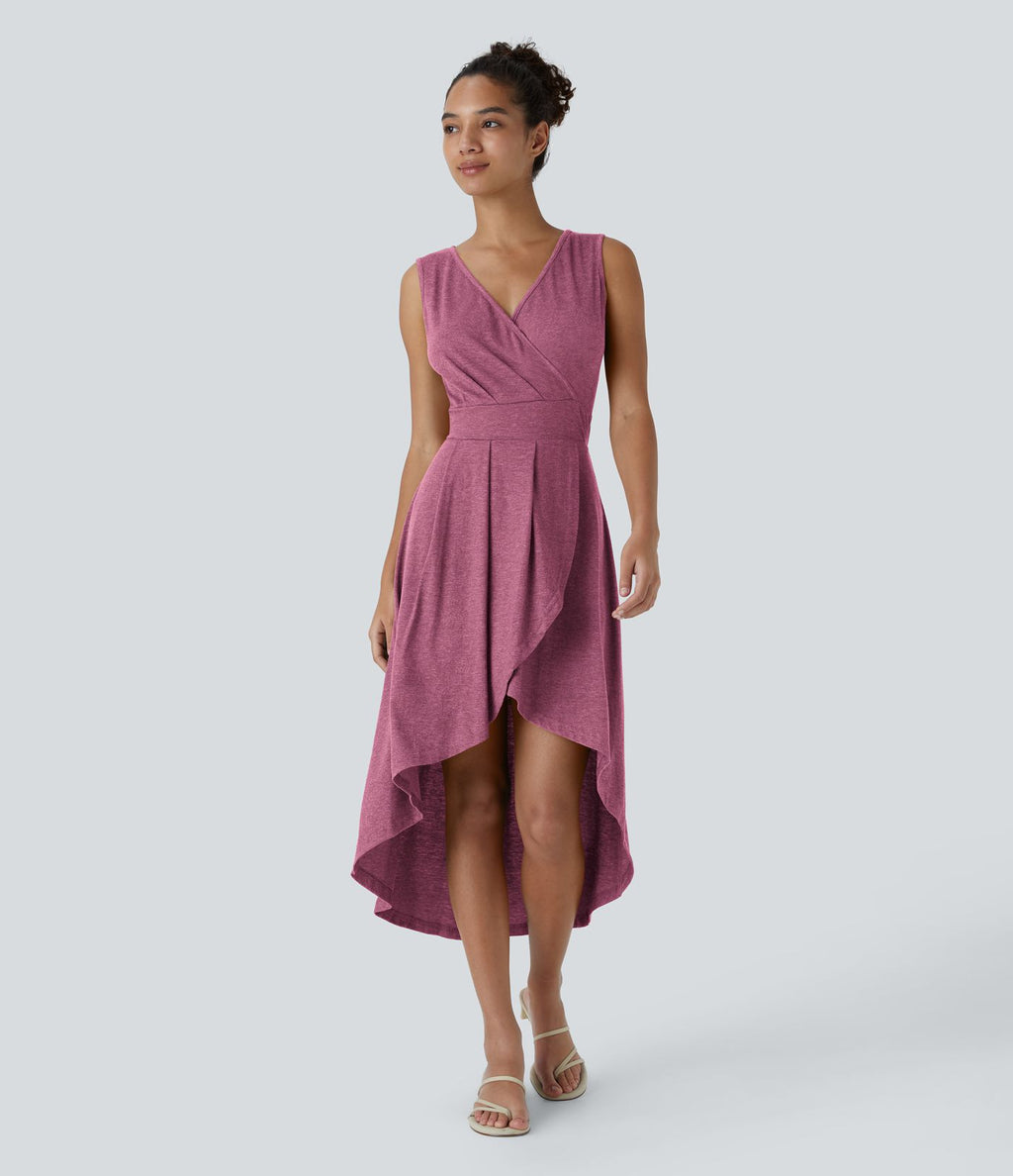 Robe Mi-Longue Plissée Décolleté Plongeant Sans Manches Haut Bas Ourlet Croisé