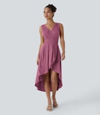Robe Mi-Longue Plissée Décolleté Plongeant Sans Manches Haut Bas Ourlet Croisé