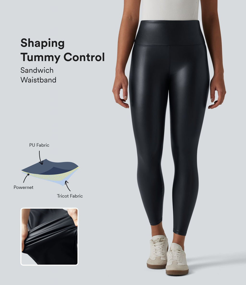 Legging casual 7/8 taille haute ventre plat en similicuir extensible, avec poches