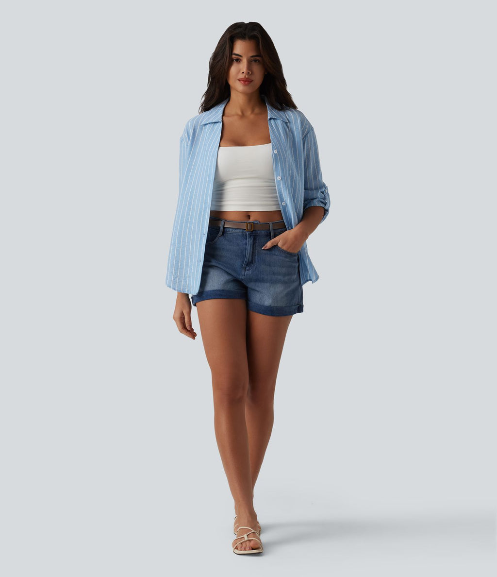 Chemise casual à rayures aspect lin col V manches longues retroussables et ourlet arrondi