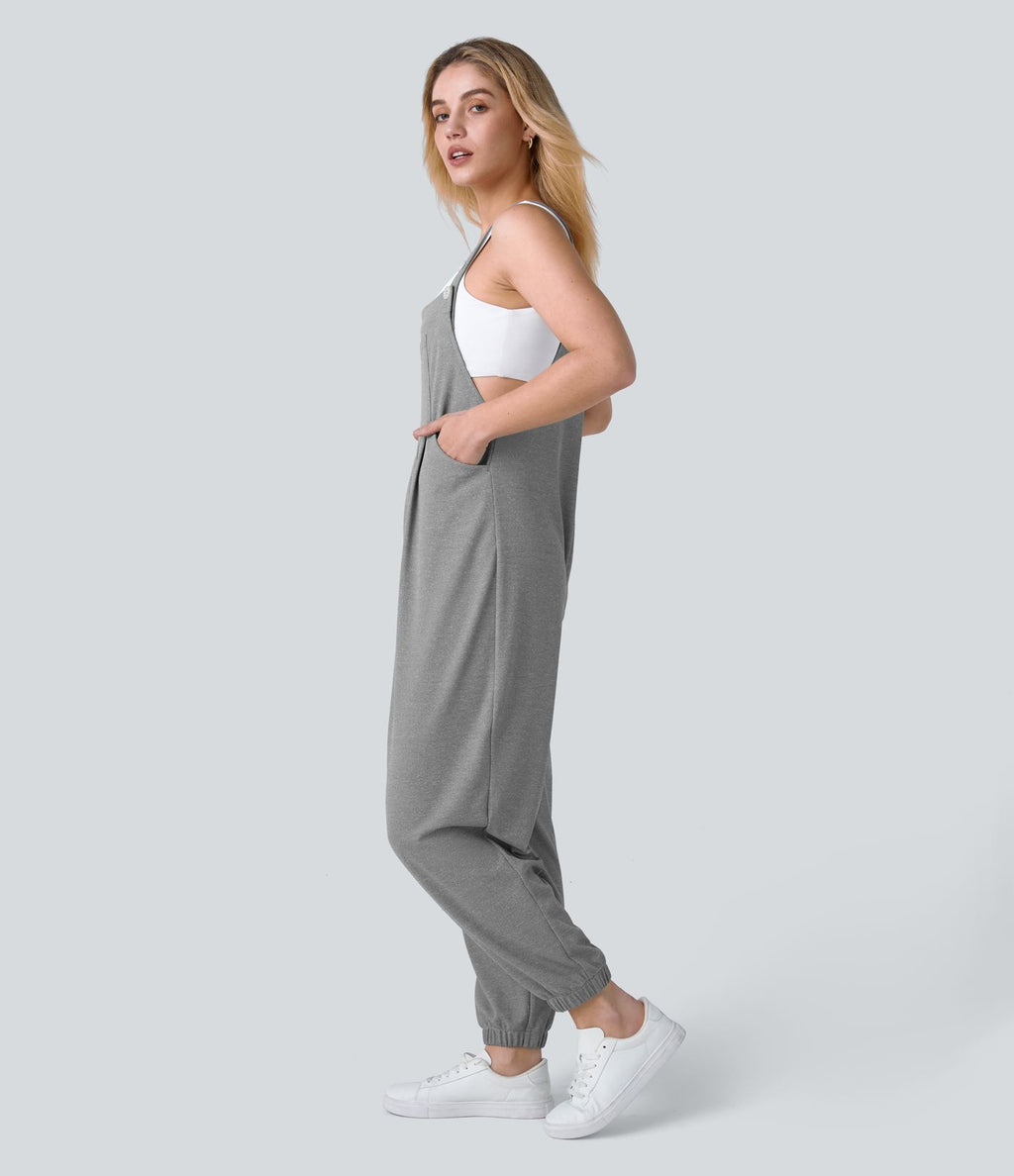 Salopette Casual Bretelles Ajustables Boutonnés Multiples Poches Plis et Tissu Gaufré