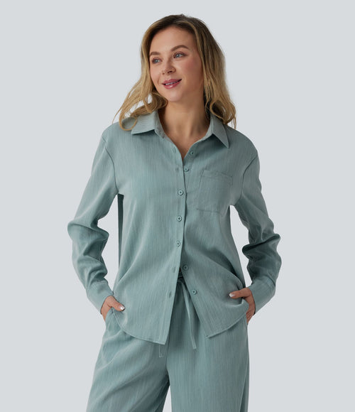 Chemise manches longues aspect lin avec poche