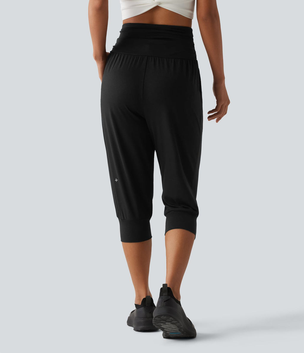 Jogging yoga corsaire chiné taille haute à fronces avec poches