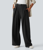 Pantalon tailleur large, taille haute, à poches