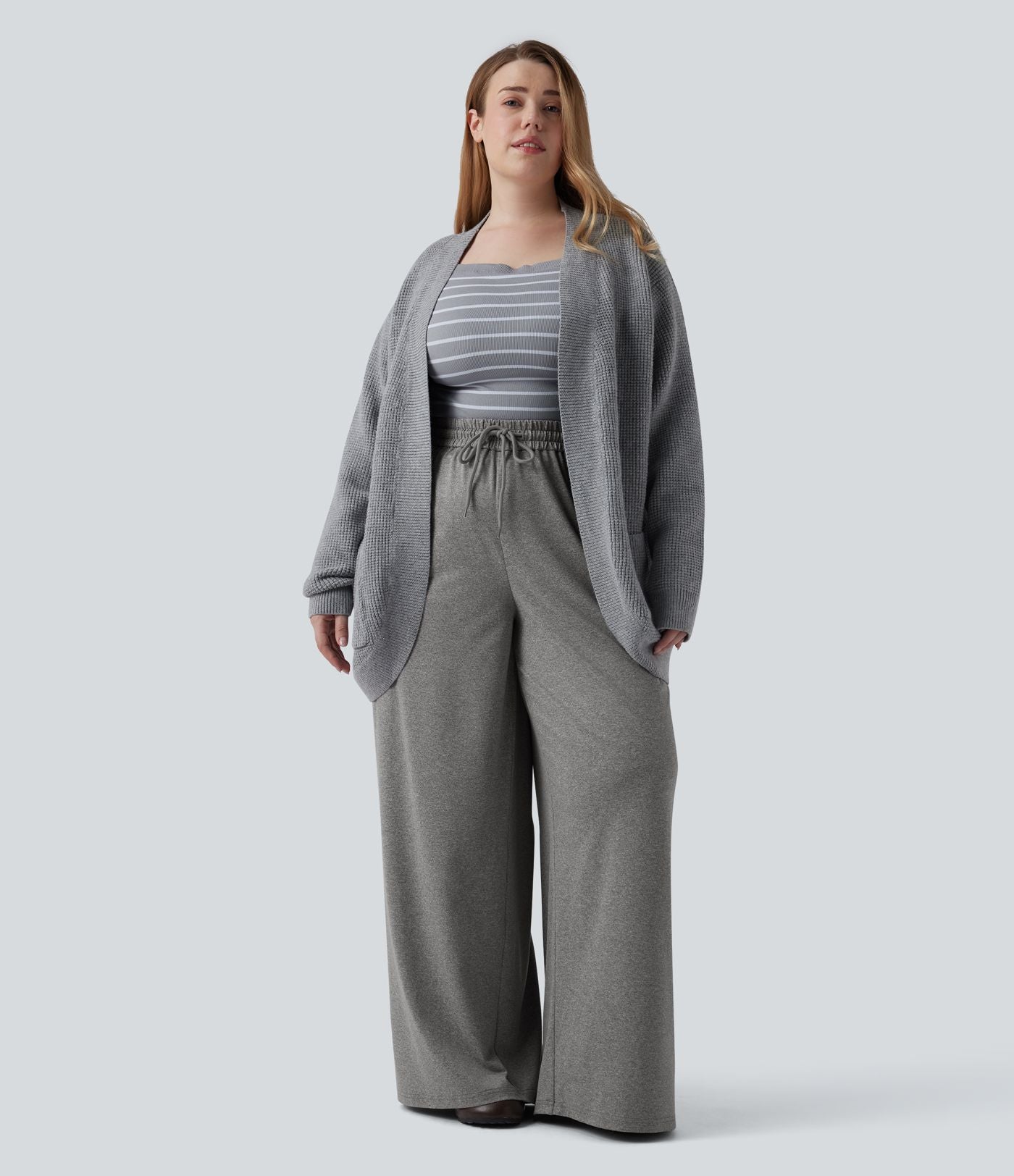 Pantalon décontracté grande taille large taille haute avec cordon de serrage et poches