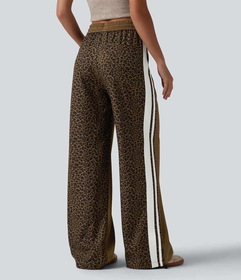 Pantalon ample décontracté taille mi-haute avec cordon de serrage color block rayures léopard contrastant avec poches