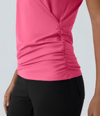 Blouse Travail Unie Froncée Croisée Manches Courtes Col en V