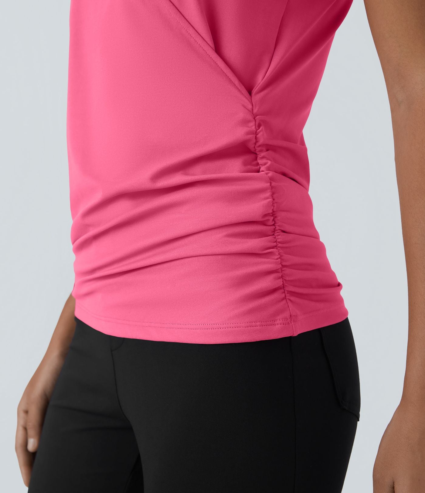 Blouse Travail Unie Froncée Croisée Manches Courtes Col en V