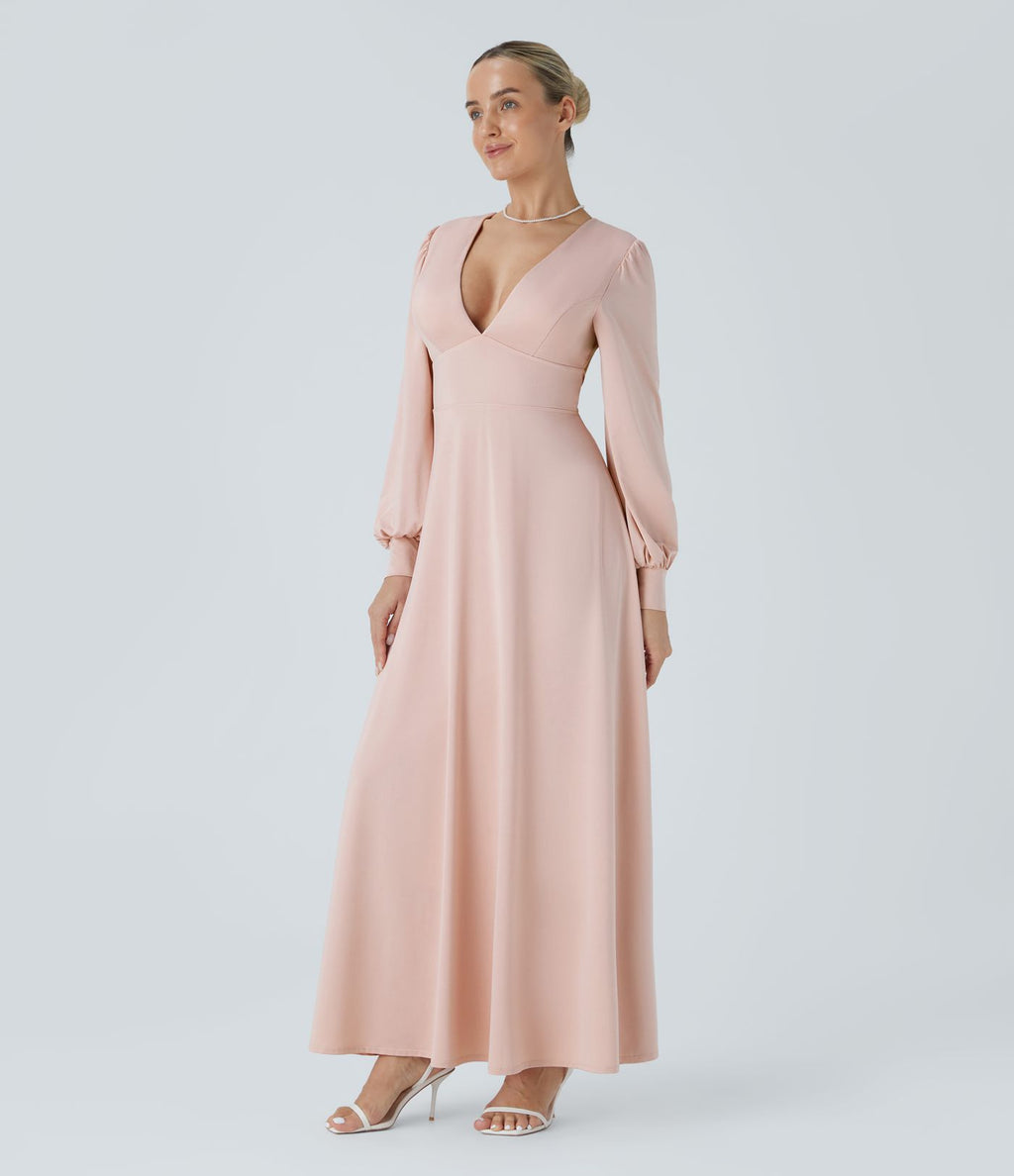 Robe longue de demoiselle d'honneur et invitée de mariage, col V, dos nu, liens à nouer, boutons et manches évasées