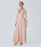 Robe longue de demoiselle d'honneur et invitée de mariage, col V, dos nu, liens à nouer, boutons et manches évasées