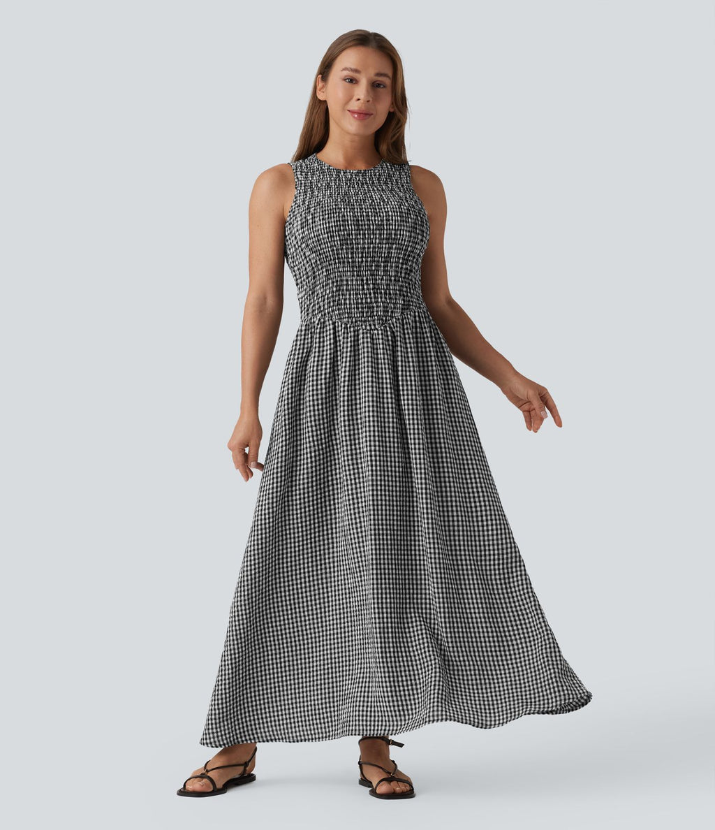 Robe midi fluide casual col rond sans manches à smocks et carreaux aspect lin avec poches