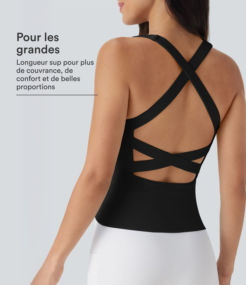 Débardeur de course crop top dos nu col carré bretelles croisées Softlyzero™ Airy Cool Touch - longueur rallongée - UPF50+