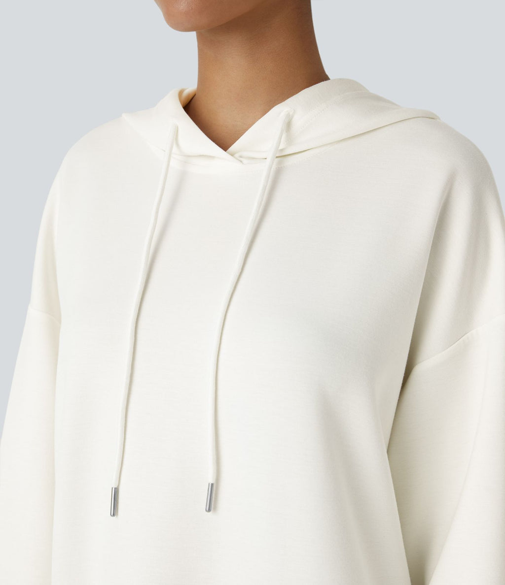 Sweat-shirt décontracté à capuche avec cordon de serrage, manches longues, poche kangourou, coupe croisée et fente