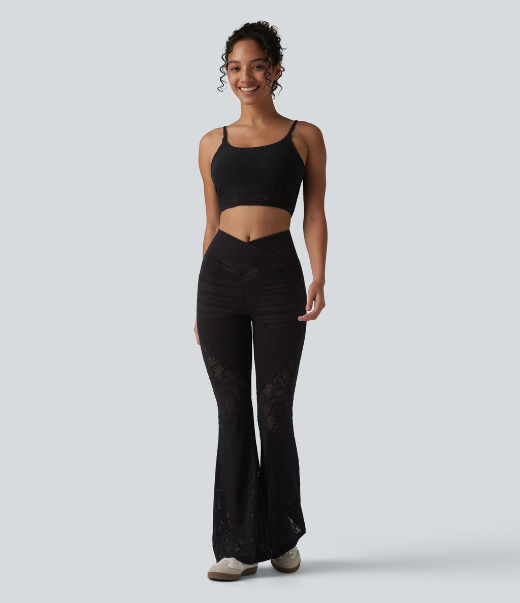Halara Flex™ Jean évasé casual ventre plat taille haute croisé avec dentelle contrastée et poches