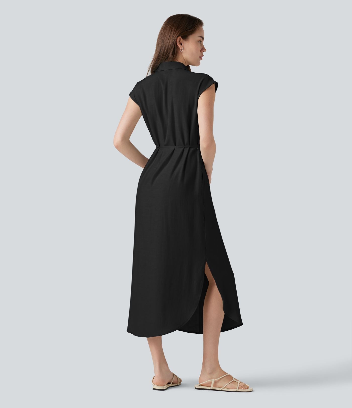 Robe chemise midi décontractée en mélange de lin, col classique, manches cape, ceinturée, ourlet arrondi fendu avec poches