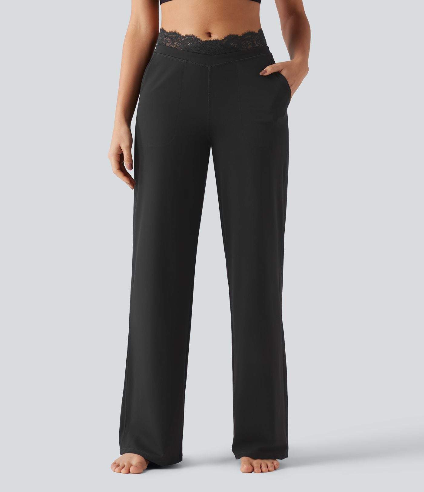 Pantalon de yoga Halara UltraSculpt™ droit taille haute gainant avec dentelle contrastée et poches