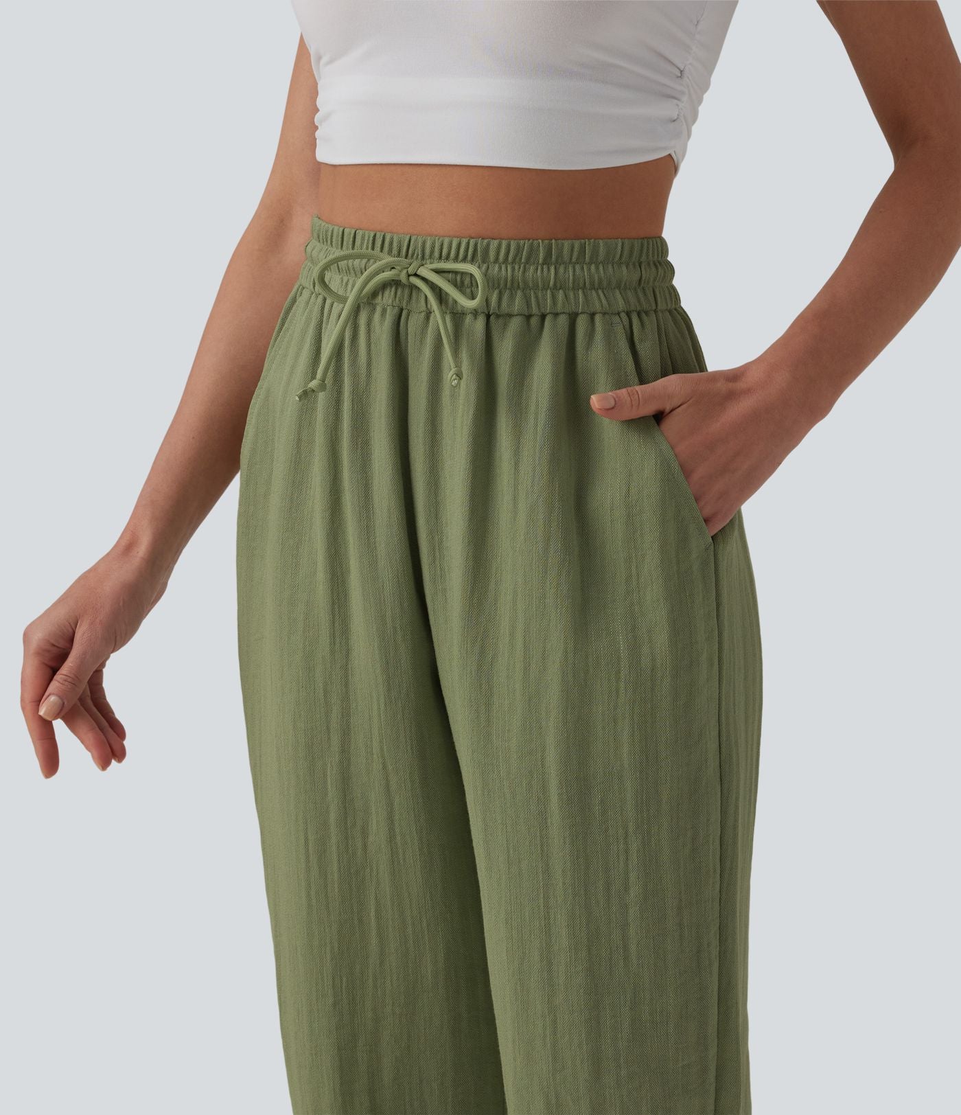 Jogging casual large ample taille haute aspect lin à cordon de serrage avec poches