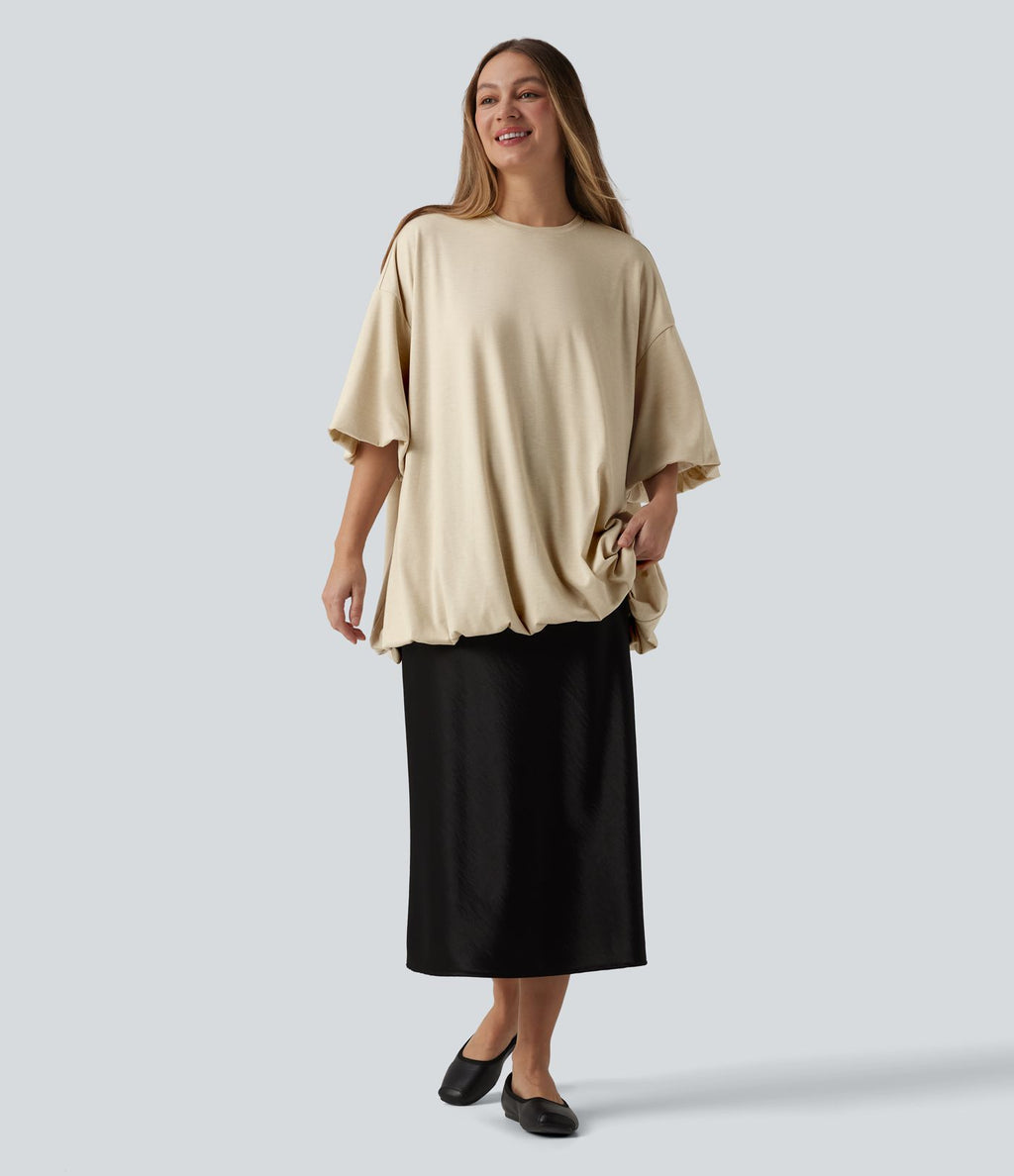 Top casual oversize col rond à manches mi-longues et ourlet boule