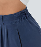 Pantalon Large Casual Taille Haute Boutonnés Fermeture Éclair Plissé Poches Latérales Ourlet Fendu